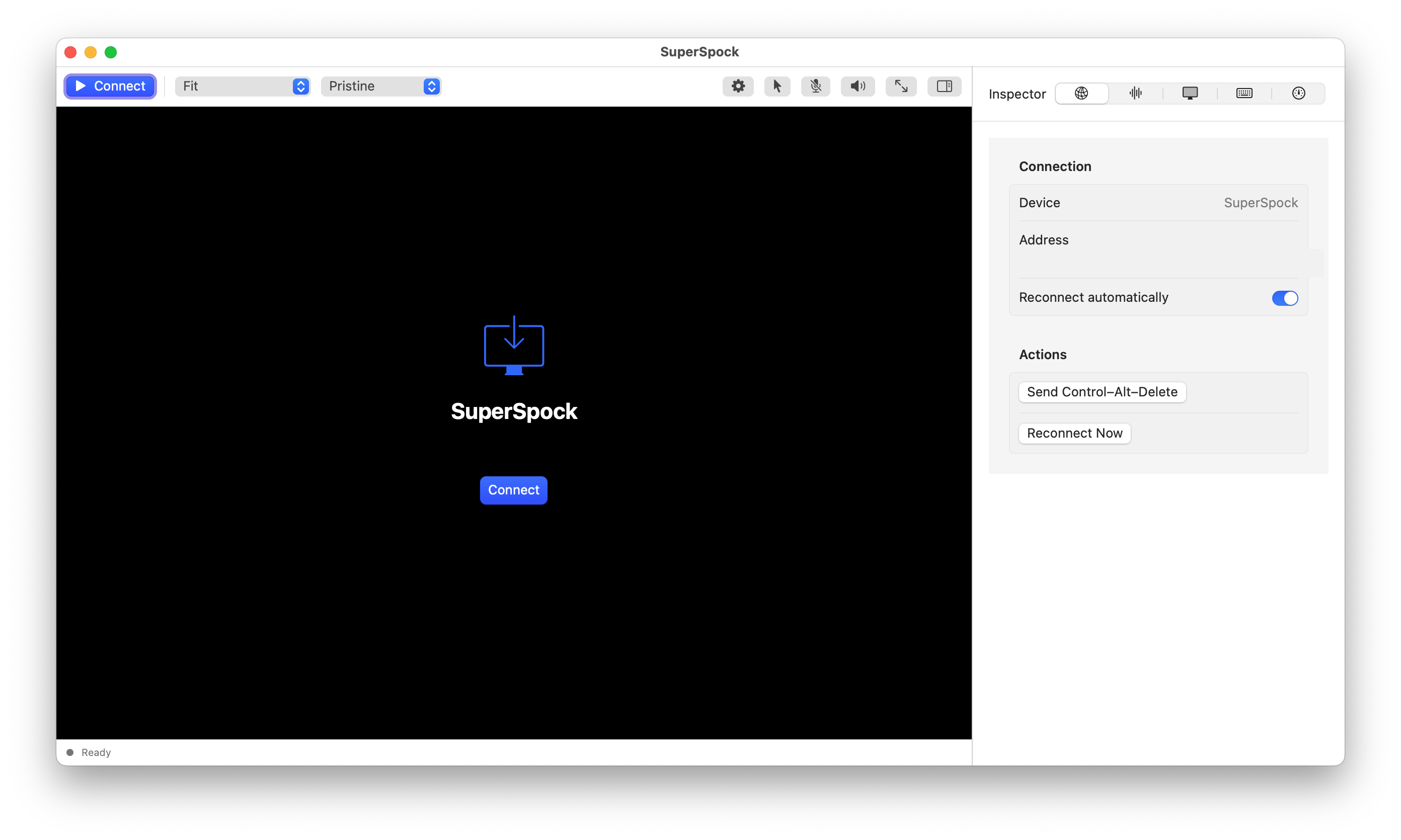 SuperSpock browser-based KVM client showing a ready screen with Connect controls and a connection inspector